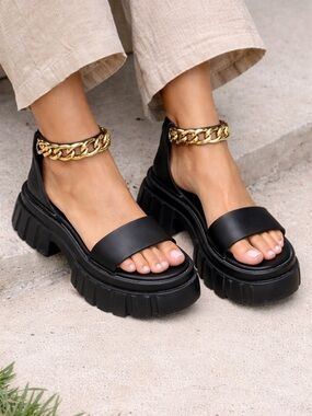 Black Platform Sandals with Gold Chain Ankle Detail